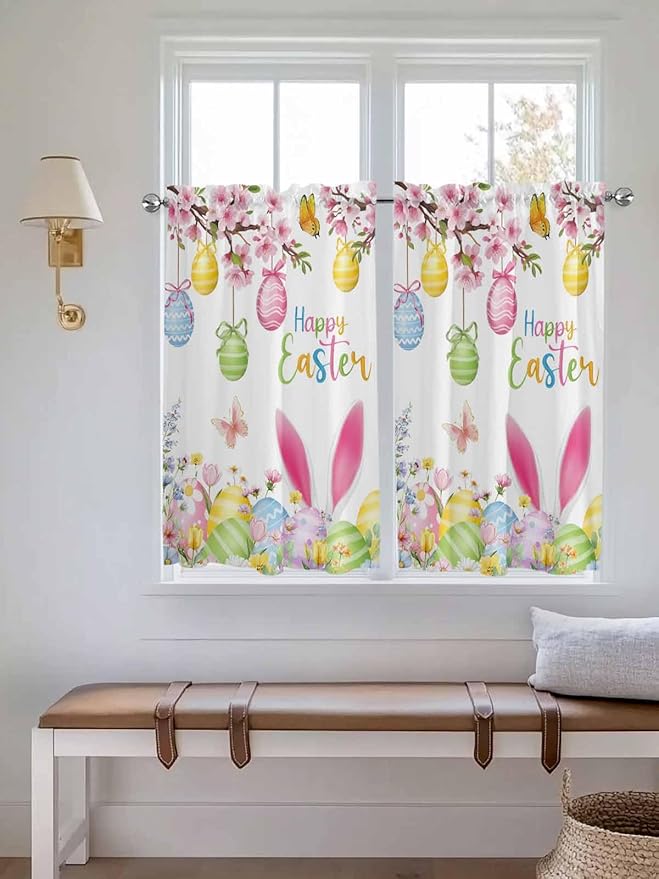 Happy Easter Kitchen Curtains 54 Inches length, Spring Watercolor Bunny Eggs Flower Branch Window Treatment Curtain Drapes, Thermal Insulated Drapes for Basement Hotel RV, 42"x54", 2 Panels