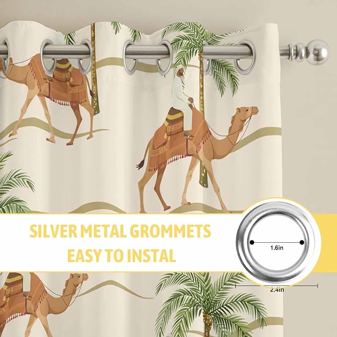 2 Panel Kitchen Cafe Curtains, Date Coconut Tree Sunlight Filtering Nature Air Through, Home Decor Window Covering Tier Curtains for Living Room 104W x 72L inch Desert Camels Botanical Tropical Beige
