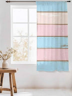 Sheer Curtains 63 Inch Length, Pink Blue Wood Grain Semi Sheer Curtains Light Filtering Window Treatment, Farmhouse Country Shabby Striped Privacy Voile Drapes for Living Room Bedroom 52x63 Inch