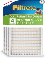 Filtrete 14x18x1 AC Furnace Air Filter, MERV 8, MPR 700, Tough on Pollen, Easy on Airflow, 3-Month Pleated 1-Inch Electrostatic Air Cleaning Filter, 4-Pack (Actual Size 13.81 x 17.81 x 0.81 in)