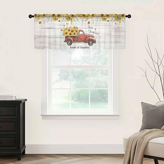 Farmhouses Sunflowers Sheer Valance Curtains, Retro Floral Leaves Red Truck Wood Grain Light Filtering Kitchen Valances Rod Pocket Voile Curtain Treatment for Bedroom/Living Room/Basement 60Wx18L