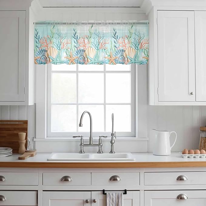 Summer Beach Sheer Valance Curtains, Green Ocean Colorful Coral Shell Seaweed Starfish Light Filtering Kitchen Valances Rod Pocket Voile Curtain Treatment for Bedroom/Living Room/Basement 42Wx18L