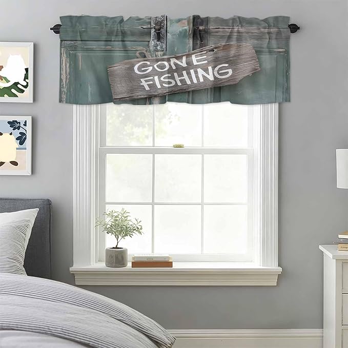 Gone Fishing Valances for Windows, Bronze Wood Grain Kitchen Valance Light Filtering Rod Pocket Short Curtains for Kitchen Bathroom, 1 Panel, 60"x18"