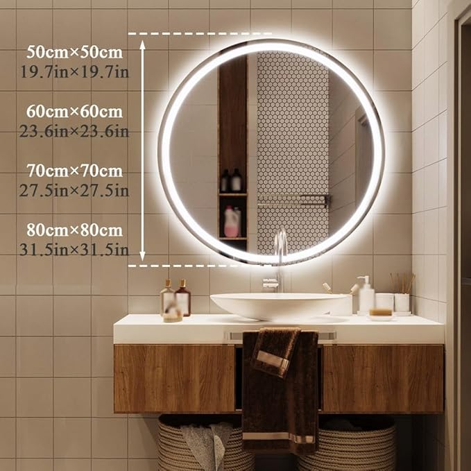 LTSRLL Frameless Illuminated LED Bathroom Wall Mirror with Touch, Demister Pad and Dimmable Lights & 3 Colors for Makeup Shaving and Bath Vanity IP44(Translucent,50cm/19.7in)