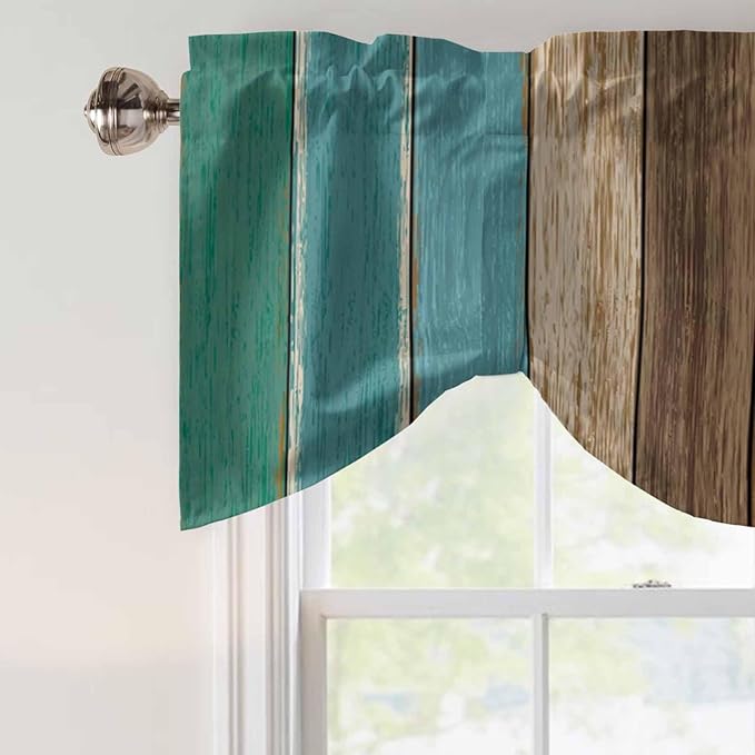 Teal Blue Brown Tie Up Valance Curtains for Windows, Kitchen Curtains Window Shades, Farmhouse Retro Wooden Grain Stripes Light Filtering Roman Curtain Valances for Bedroom/Bathroom/Cafe 42"x18"