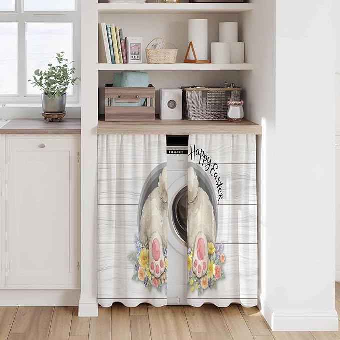 Easter Bunny Kitchen Curtains 54 Inch Long 2 Panel Set,Rod Pocket Window Curtains Panels,3D Optical Illusion Farmhouse Flower Wood Grain Light Filtering Drapery Draperies for Bathroom 52"W x 54"L