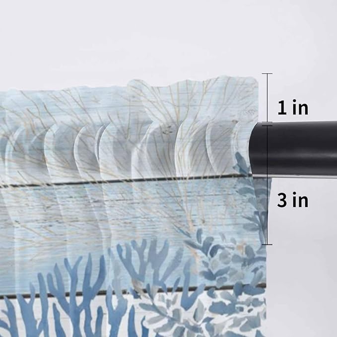 Ocean Corals Sheer Valance Curtains, Summer Beach Coral Sea Stars Blue Wood Grain Light Filtering Kitchen Valances Rod Pocket Voile Curtain Window Treatment for Bedroom/Living Room/Basement 60Wx18L