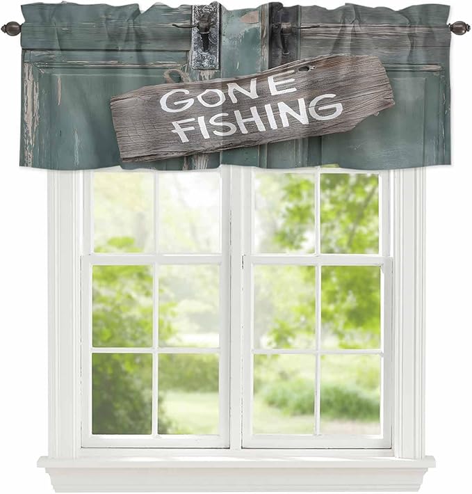 Gone Fishing Valances for Windows, Bronze Wood Grain Kitchen Valance Light Filtering Rod Pocket Short Curtains for Kitchen Bathroom, 1 Panel, 56"x16"