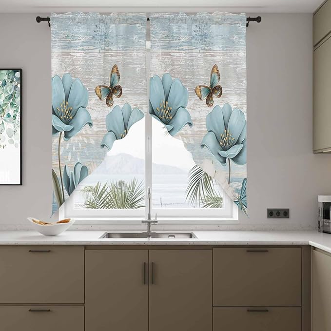 Spring Floral Swag Valances for Windows, Vintage Tulips Flower Butterfly Retro Wood Blue Rod Pocket Kitchen Curtains Valance, Small Window Curtains Swag for Cafe Living Room, 2 Panels, 36x36 inch