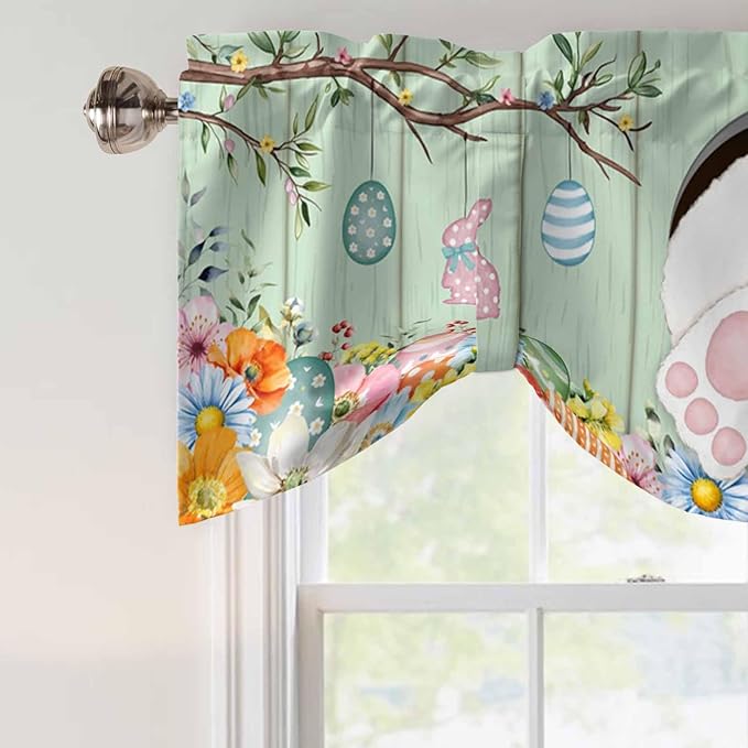 Easter Tie Up Valance Curtains for Windows, Kitchen Curtains Window Shades, Spring Watercolor Bunny Eggs Wooden Grain Green Light Filtering Roman Curtain Valances for Bedroom/Bathroom/Cafe 54"x18"