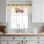 Farmhouses Sunflowers Sheer Valance Curtains, Retro Floral Leaves Red Truck Vintage Light Filtering Kitchen Valances Rod Pocket Voile Curtain Window Treatment for Bedroom/Living Room/Basement 60Wx18L