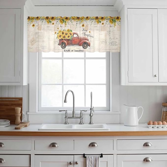 Farmhouses Sunflowers Sheer Valance Curtains, Retro Floral Leaves Red Truck Vintage Light Filtering Kitchen Valances Rod Pocket Voile Curtain Window Treatment for Bedroom/Living Room/Basement 60Wx18L