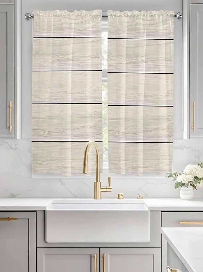 Vintage Country Wooden Board Window Valance Curtains, Gradient Wood Grain Line Light Filtering Kitchen Valance with 3-inch Rod Pocket for Living Room Bathroom Bedroom,2 Panel,52x72In
