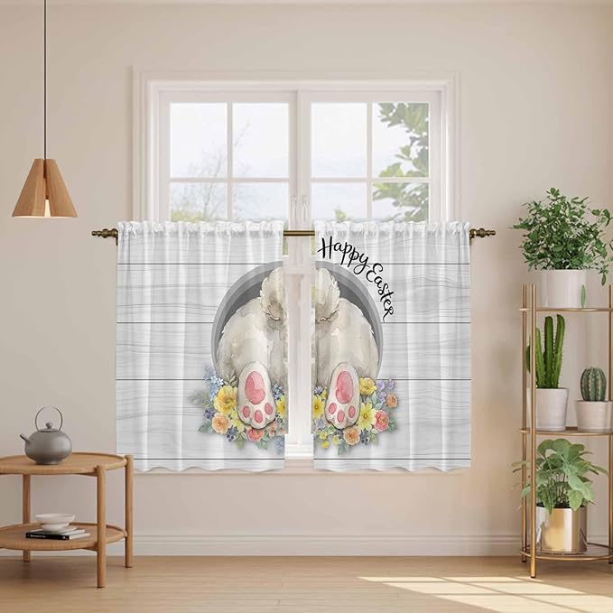 Easter Bunny Kitchen Curtains 45 Inch Long 2 Panel Set, Rod Pocket Window Treatment, 3D Optical Illusion Farmhouse Flower Wood Grain Light Filtering Panels Short Drapes for Bathroom Camper 42"W x 45"L