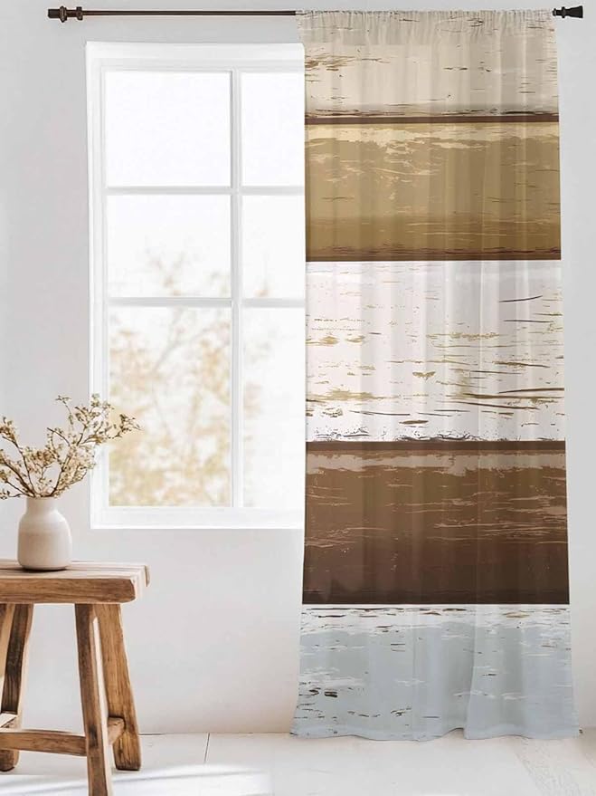 Sheer Curtains 108 Inches Long, Wood Grain Brown Semi Sheer Curtains Light Filtering Window Treatment, Farmhouse Vintage Country Geometric Privacy Voile Drapes for Living Room Bedroom 52x108 Inch