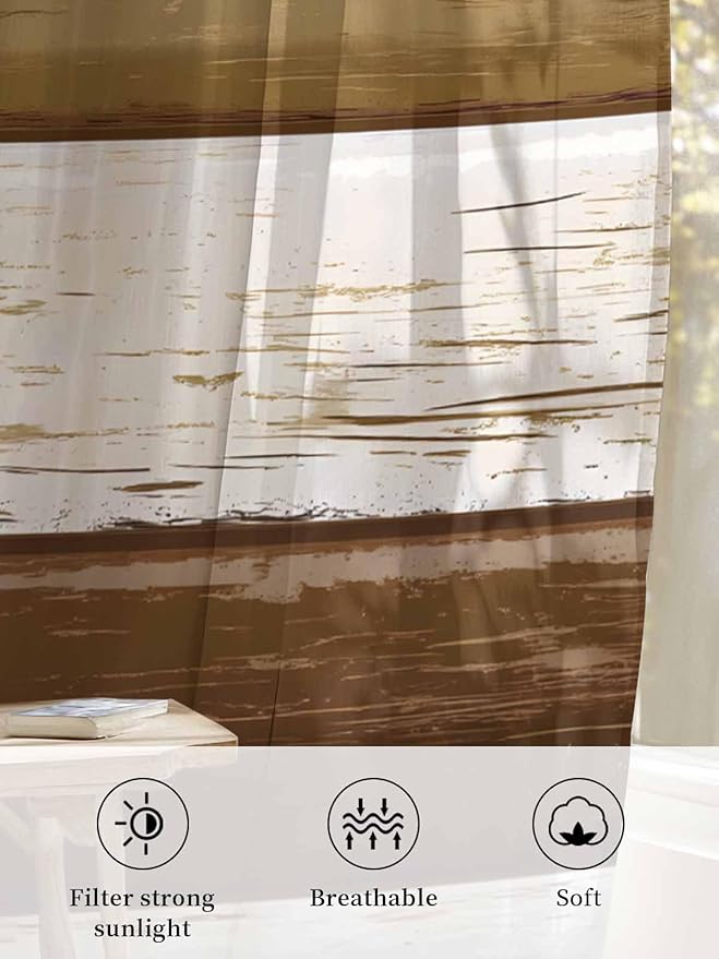 Sheer Curtains 45 Inch Length, Wood Grain Brown Semi Sheer Curtains Light Filtering Window Treatment, Farmhouse Vintage Country Geometric Privacy Voile Drapes for Living Room Bedroom 52x45 Inch