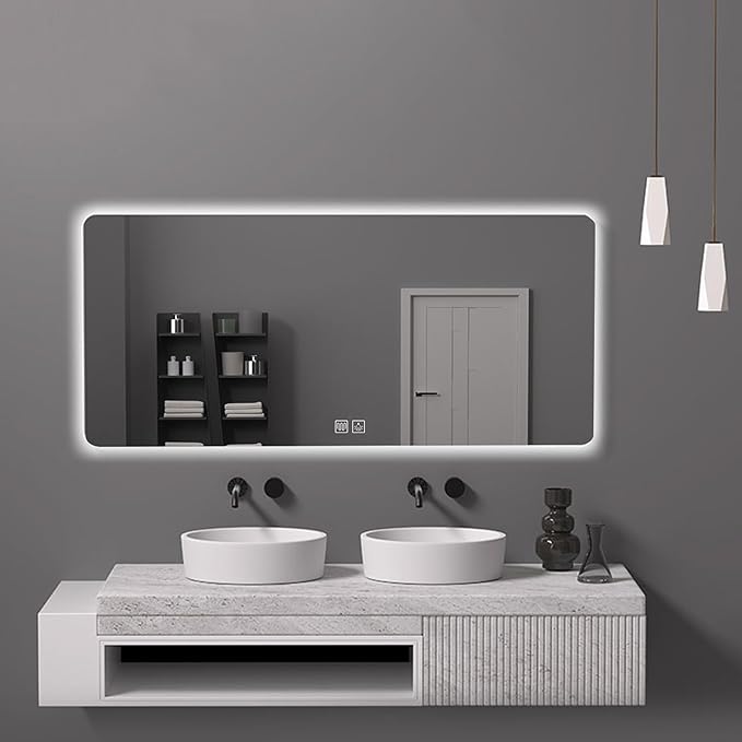 Bathroom Mirror with LED Lights, Lighted Bathroom Makeup Wall Mounted Mirror with Demister Pad, 3-Color Dimmable LED Light, for Wall Decor, Vanity, Living Room(A,80x130cm)