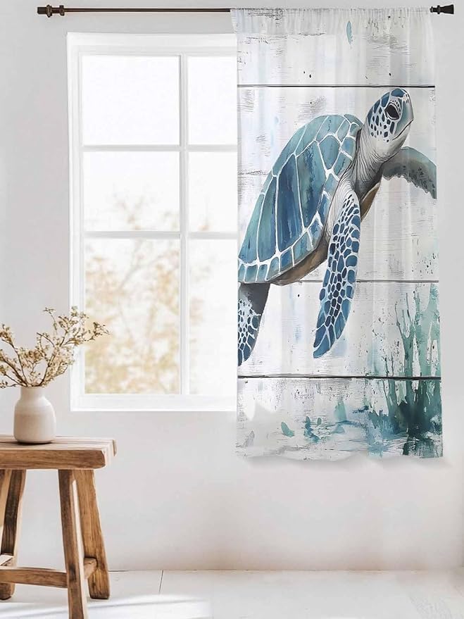 Sheer Curtains 72 Inches Long, Teal Green Sea Turtle Semi Sheer Curtains Light Filtering Window Treatment, Summer Ocean Vintage Wood Grain Privacy Voile Drapes for Living Room Bedroom 52x72 Inch