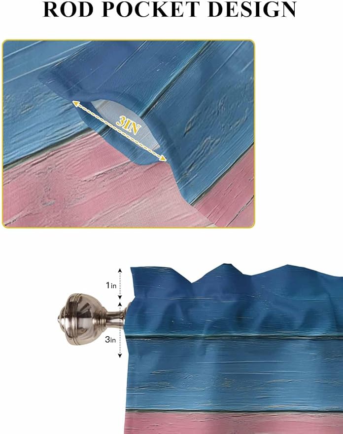 Blue Pink Brown Gradient Wood Grain Window Valance Curtains, Vintage Wood Board Light Filtering Kitchen Valance with 3-inch Rod Pocket for Living Room Bathroom Bedroom,2 Panel,42x54In