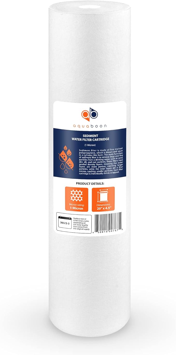 Aquaboon 1 Micron 20 x 4.5 Sediment Water Filter Replacement Cartridge | Whole House Sediment Filtration | Compatible with AP810-2, SDC-45-2005, FPMB5-20, P5-20, FP25B, 155358-43, 2 Pack
