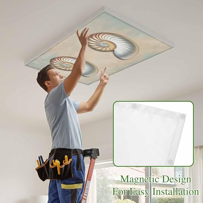 Fluorescent Light Covers for Ceiling Lights Shell Conch Magnetic Light Filters 4 Pack 4x2 ft Vintage Ocean Marine Life Ceiling Lights Cover for Classroom Office School Home Drop Lamp Decor