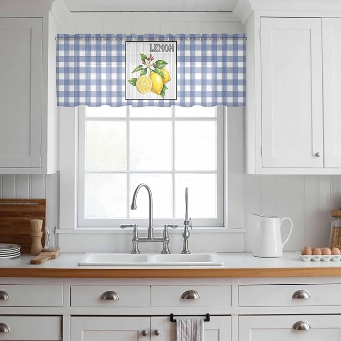 Lemon Sheer Valance Curtains, Summer Fruit Floral Wood Grain Blue Plaid Light Filtering Kitchen Valances Rod Pocket Voile Curtain Window Treatment for Bedroom/Living Room/Basement 60Wx18L
