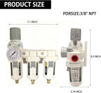 YSIL 3/8''NPT 3 Stage Filter and Regulator with Pressure Gauge Air Drying System with 5 and 0.5 and 0.01 Micron Brass Filter Pressure Regulator Combo Piggyback(Semi-Auto Drain）