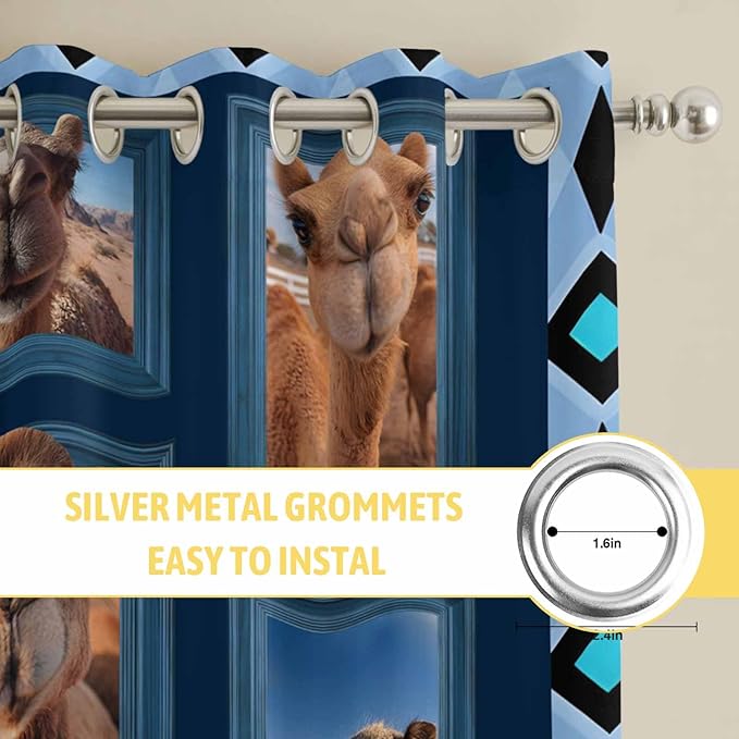2 Panel Kitchen Cafe Curtains, Desert Camels Sunlight Filtering Nature Air Through, Home Decor Window Covering Tier Curtains for Bedroom Living Room Wildlife Brown Animals Blue Geometric