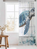 Sheer Curtains 108 Inches Long, Teal Green Sea Turtle Semi Sheer Curtains Light Filtering Window Treatment, Summer Ocean Vintage Wood Grain Privacy Voile Drapes for Living Room Bedroom 52x108 Inch