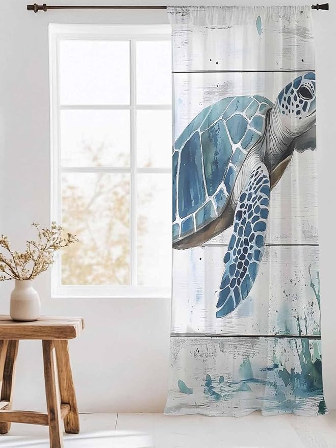 Sheer Curtains 108 Inches Long, Teal Green Sea Turtle Semi Sheer Curtains Light Filtering Window Treatment, Summer Ocean Vintage Wood Grain Privacy Voile Drapes for Living Room Bedroom 52x108 Inch