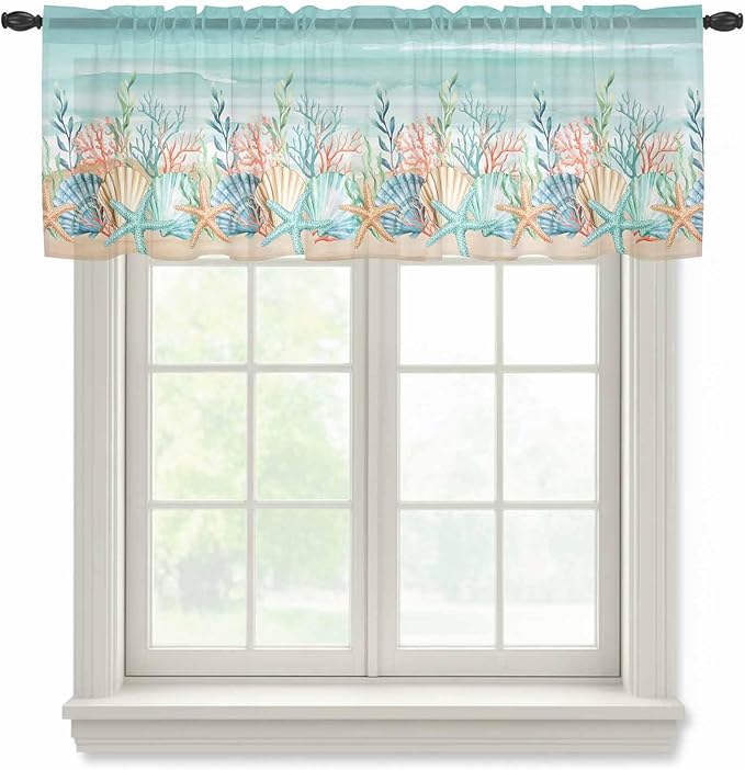 Summer Beach Sheer Valance Curtains, Green Ocean Colorful Coral Shell Seaweed Starfish Sandy Light Filtering Kitchen Valances Rod Pocket Voile Curtain for Bedroom/Living Room/Basement 60Wx18L