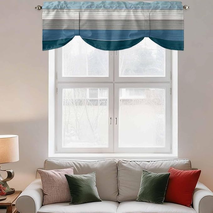 Blue Ombre Wooden Tie Up Valance Curtains for Windows, Kitchen Curtains Window Shades, Farmhouse Retro Wood Gradient Light Filtering Roman Curtain Valances for Bedroom/Bathroom/Cafe 54"x18"