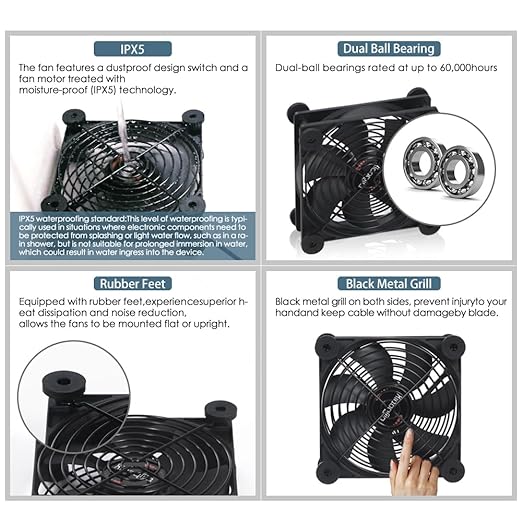 Quiet 120mm USB 5V/12V DC Fan - IPX5 Waterproof, 10 Speed, Portable Cooling Fan for Tablet, TV, Receiver, Router, DVR, Xbox, Greenhouse, Kennel, Computer Cabinet & Component Cooling