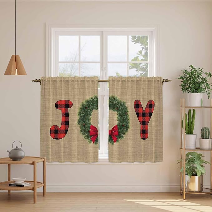 Red Green Christmas Kitchen Curtains 45 Inch Long 2 Panel Set, Rod Pocket Window Treatment, Xmas Botanical Winter Farmhouse Light Filtering Panels Short Drapes for Bathroom Camper 42"W x 45"L