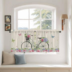 Farmhouse Spring Tier Curtains, Retro Bicycles Flowers Vines Butterfly Light Filtering Kitchen Curtains, 2Pcs Rod Pocket Half Window Treatments Panels for Sink Cafe Cabinet Camper 27.5x24 Inches