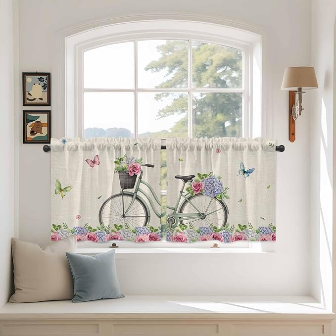 Farmhouse Spring Tier Curtains, Retro Bicycles Flowers Vines Butterfly Light Filtering Kitchen Curtains, 2Pcs Rod Pocket Half Window Treatments Panels for Sink Cafe Cabinet Camper 27.5x24 Inches