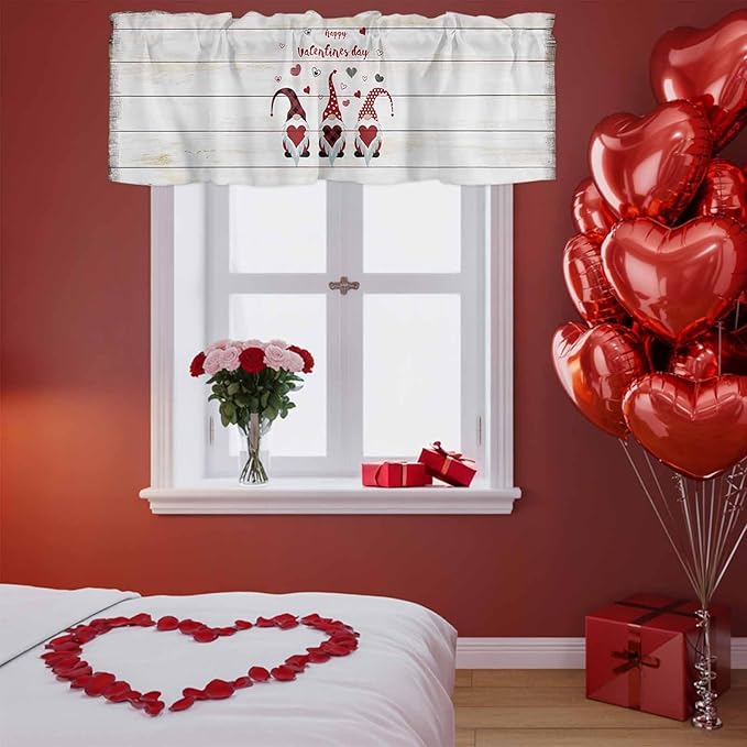 Happy Valentine's Valance Curtains for Kitchen, Day Gnomes Love Heart on Rustic Wood Grain Privacy Rod Pocket Valance Curtain, Light-Filtering Window Treatment for Bedroom Bathroom, 60"x14"