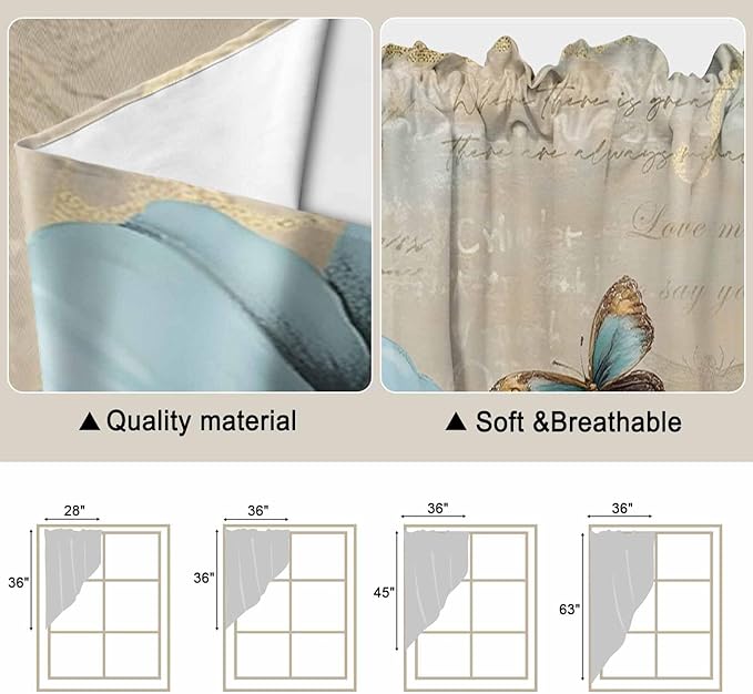 Spring Flowers Swag Valances for Windows, Vintage Rustic Tulips Floral Butterfly Khaki Rod Pocket Kitchen Curtains Valance, Kitchen Window Curtains Swag for Cafe Living Room, 2 Panels, 36x45 inch