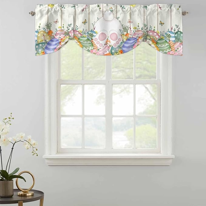 Easter Tie Up Valance Curtains for Windows, Kitchen Curtains Window Shades, Spring Rabbit Ears Foot Colorful Eggs Leaf Floral Light Filtering Roman Curtain Valances for Bedroom/Bathroom/Cafe 54"x18"