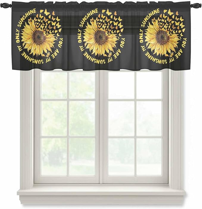 YOU ARE MY SUNSHINE Sheer Valance Curtains, Summer Sunflowers Golden Gradient Butterflies Light Filtering Kitchen Valances Rod Pocket Voile Curtain Treatment for Bedroom/Living Room/Basement 42Wx18L