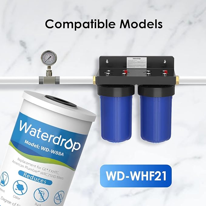 Waterdrop FXHTC Whole House Carbon Water Filter, Replacement for GE® FXHTC, GXWH40L, GXWH35F, Culligan® RFC-BBSA, American Plumber W10-PR, W10-BC, WRC25HD, 10" x 4.5" Cartridge, 5 Micron, Pack of 3
