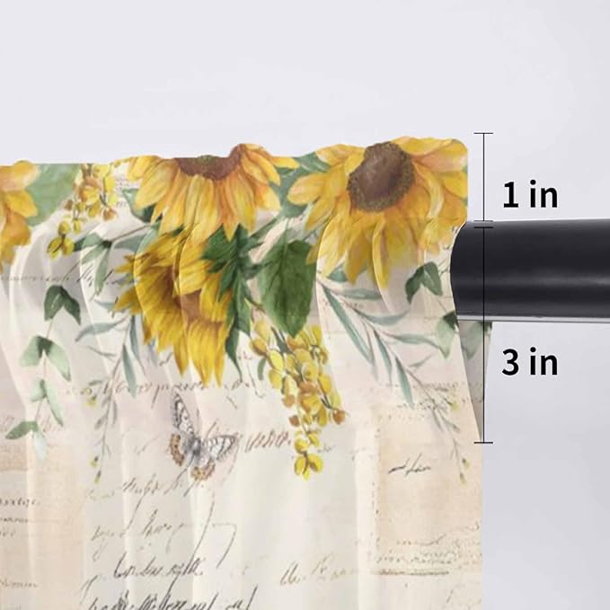 Farmhouses Sunflowers Sheer Valance Curtains, Retro Floral Leaves Red Truck Vintage Light Filtering Kitchen Valances Rod Pocket Voile Curtain Window Treatment for Bedroom/Living Room/Basement 60Wx18L