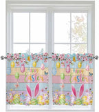 Colorful Easter Half Window Curtain 36 Inches Long, Spring Watercolor Bunny Egg Flower Wood Grain Window Treatment Curtain Drapes, Small Tier Curtains for Bathroom Over Sink, 27.5"x36", 2 Panels