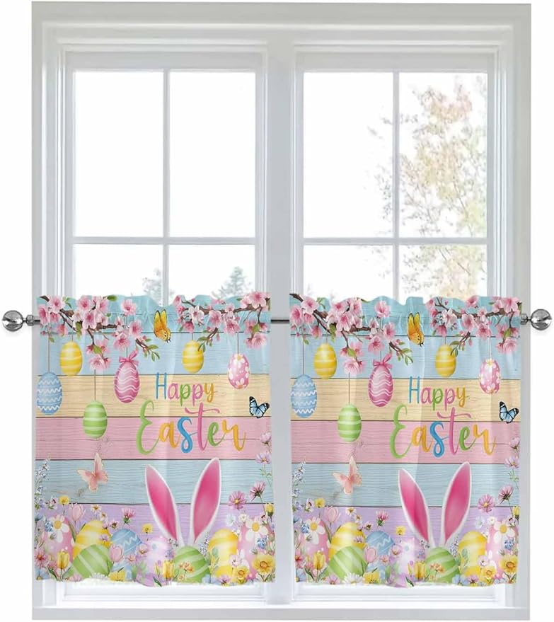 Colorful Easter Half Window Curtain 36 Inches Long, Spring Watercolor Bunny Egg Flower Wood Grain Window Treatment Curtain Drapes, Small Tier Curtains for Bathroom Over Sink, 27.5"x36", 2 Panels