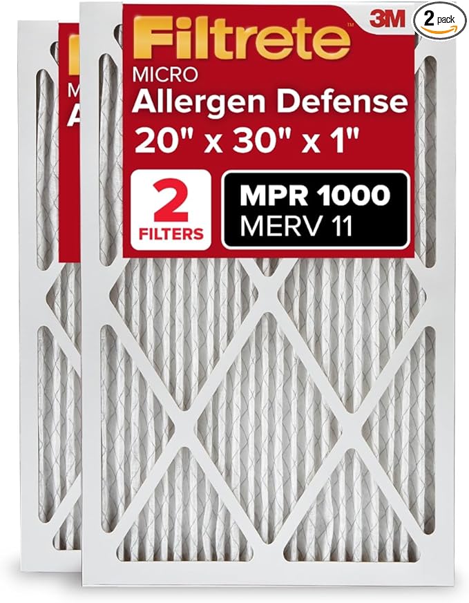 Filtrete 20x30x1 AC Furnace Air Filter, MERV 11, MPR 1000, Micro Allergen Defense, 3-Month Pleated 1-Inch Electrostatic Air Cleaning Filter, 2 Pack (Actual Size 19.81 x 29.81 x 0.81 in)