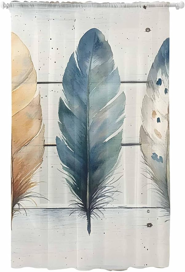 Sheer Curtains 108 Inches Long, Boho Blue Feathers Semi Sheer Curtains Light Filtering Window Treatment, Country Vintage Wooden Grain Privacy Voile Drapes for Living Room Bedroom 52x108 Inch