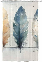 Sheer Curtains 96 Inches Long, Boho Blue Feathers Semi Sheer Curtains Light Filtering Window Treatment, Country Vintage Wooden Grain Privacy Voile Drapes for Living Room Bedroom 52x96 Inch