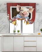 Tie Up Curtains for Windows, Pig Sunflowers Adjustable Balloon Nature Linen Textured Kitchen Curtain, Eucalyptus Leaves Floral Bees Red Barn Thermal Insulated Curtains for Window, 42" x 54"