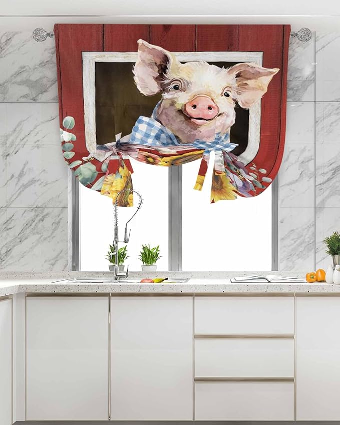 Tie Up Curtains for Windows, Pig Sunflowers Adjustable Balloon Nature Linen Textured Kitchen Curtain, Eucalyptus Leaves Floral Bees Red Barn Tie Up Light Filtering Curtains for Decor, 34 x 45 In