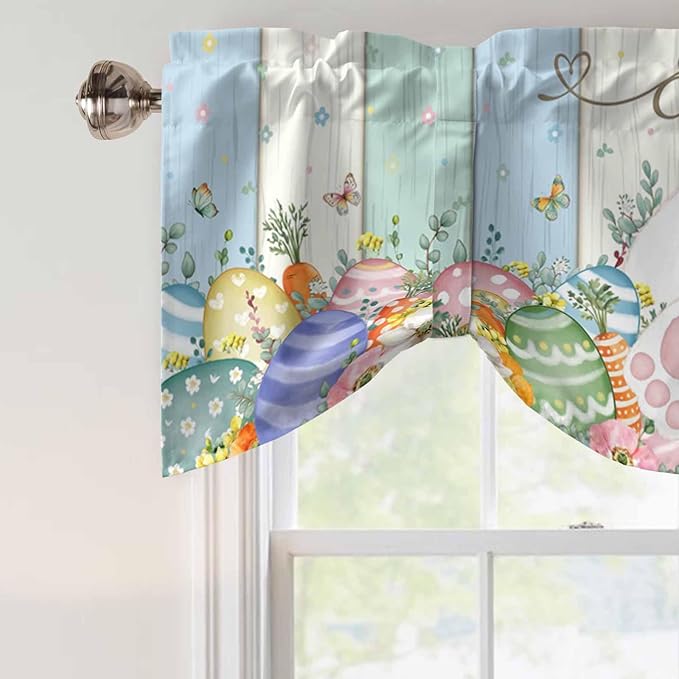 Easter Tie Up Valance Curtains for Windows, Kitchen Curtains Window Shades, Spring Rabbit Ears Foot Flowers Eggs Green Wooden Light Filtering Roman Curtain Valances for Bedroom/Bathroom/Cafe 60"x18"